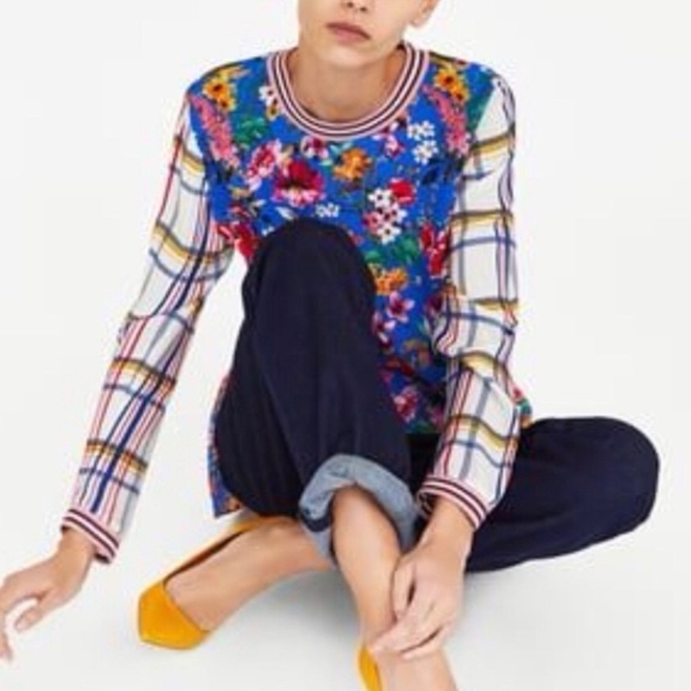 Zara Bright Blue Mixed Print Floral Plaid Ringer Long Sleeve Top size S
